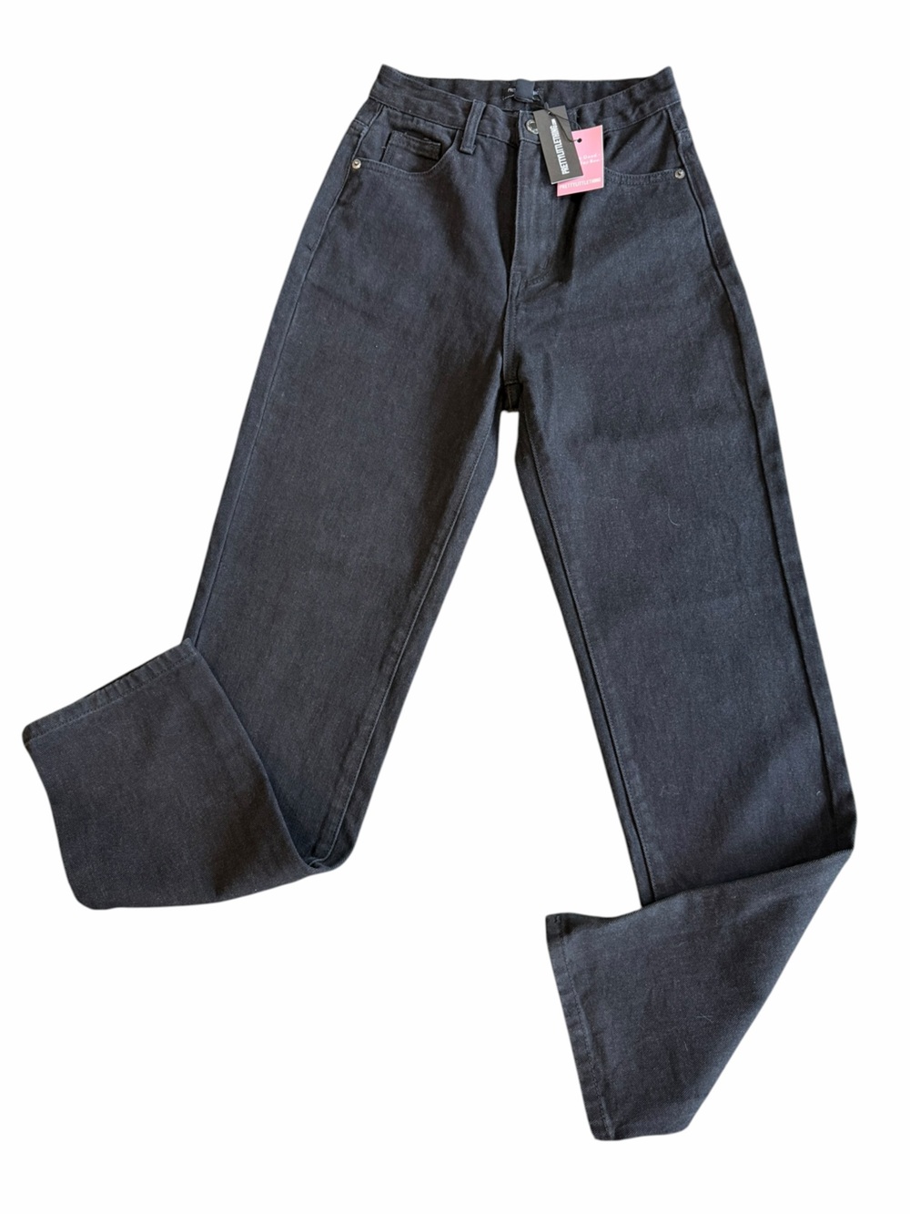 PrettyLittleThing Petite Black Split Hem Straight Leg Jeans UK 2 / US 00